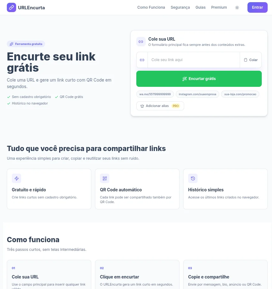 EncurtaURL — plataforma de encurtamento de links com design limpo e minimalista