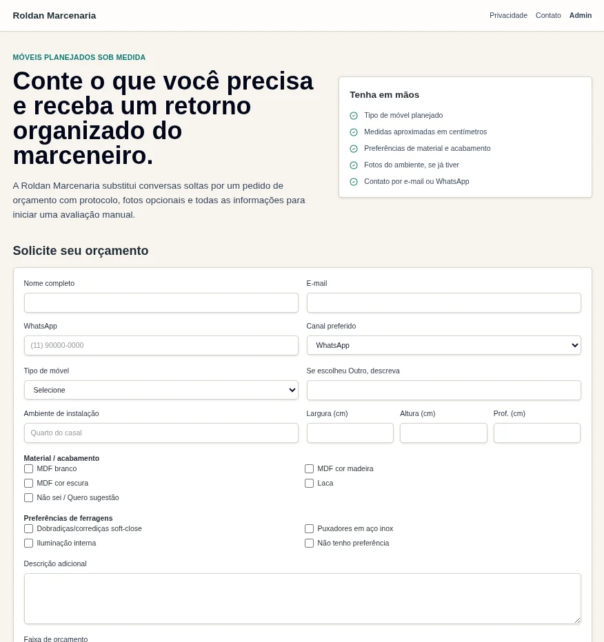 OrcaFlex — formulário de orçamento para móveis planejados com design minimalista